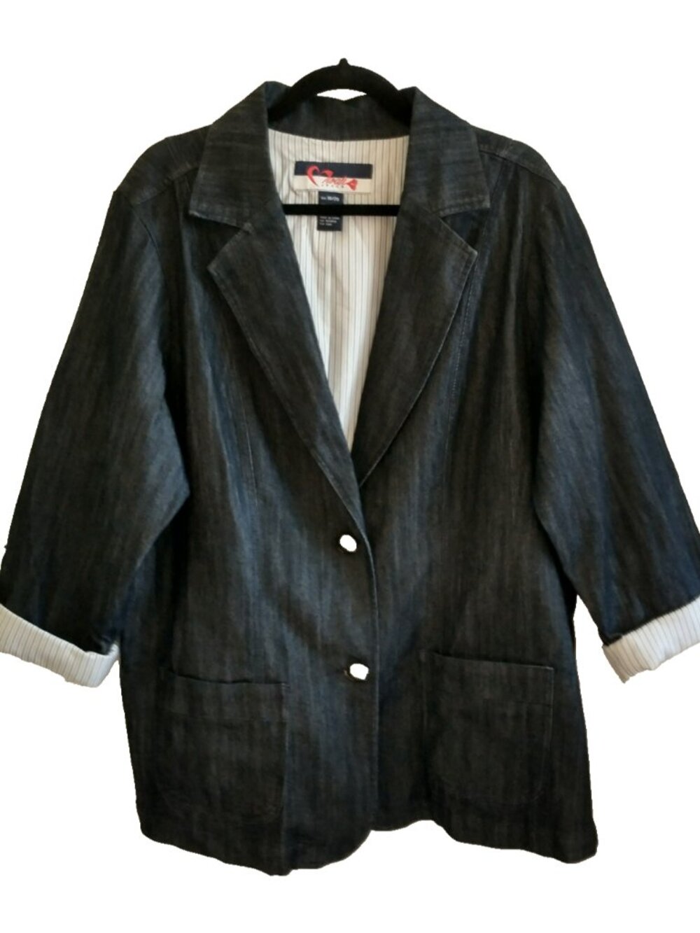 SWAK Jean Jacket Women's Blue Denim Two-Button Blazer 3/4 Rolled Sleeves - 18/20
